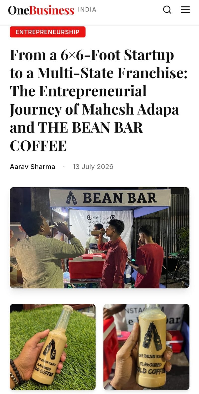 OneBusiness India article on The Bean Bar Coffee